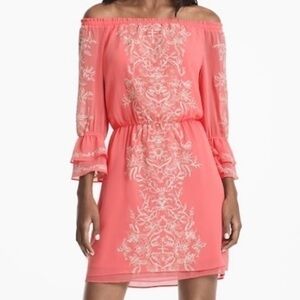 EUC White House Black Market Off Shoulder Embroidered Boho Dress Coral/Silver